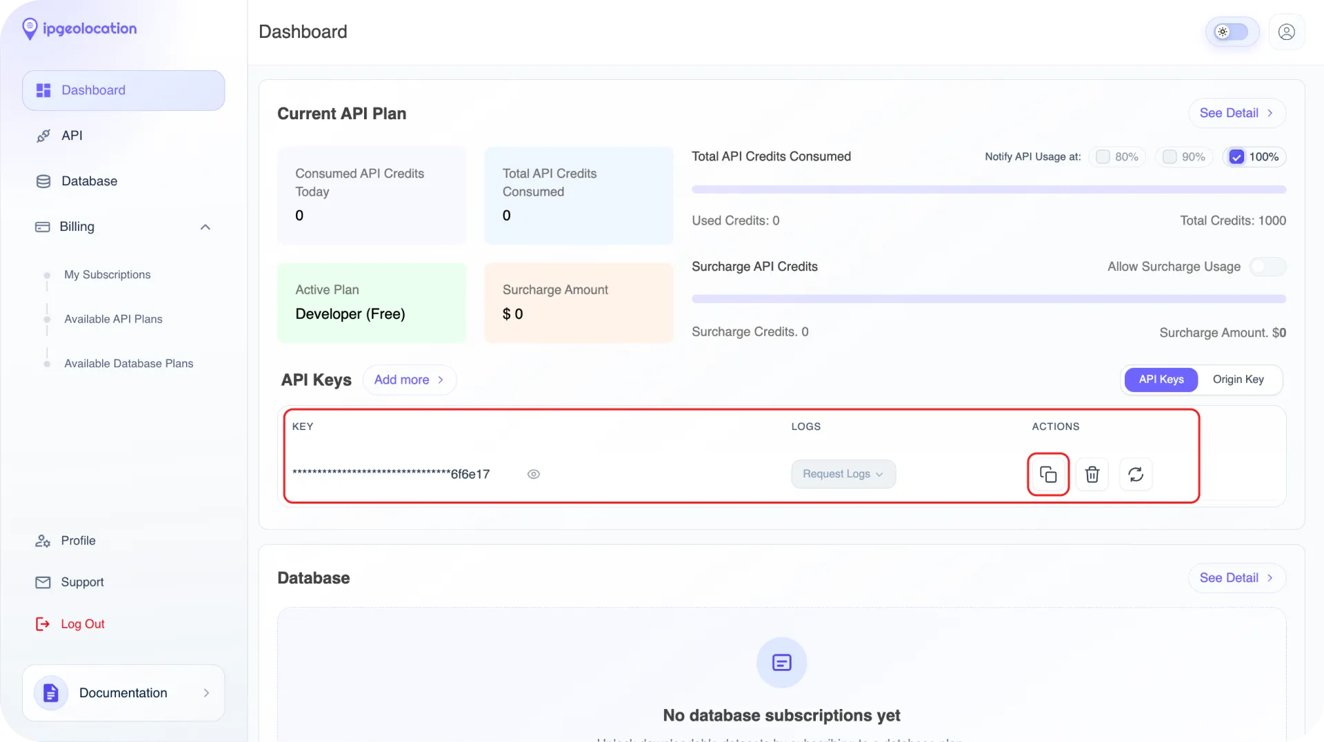 IPGeolocation.io dashboard showing the API key location and copy button