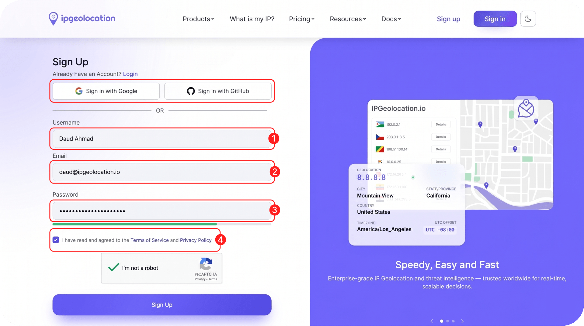 IPGeolocation.io signup form with full name, email, password, and privacy policy fields. Sign in with Google and Sign in with GitHub options