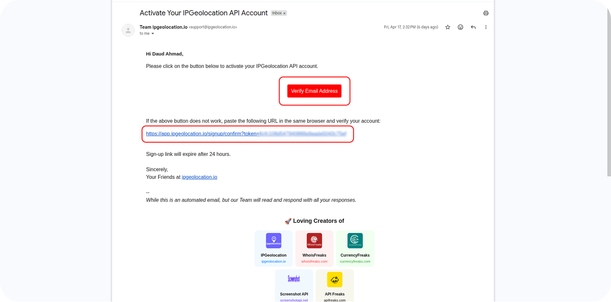 Verify Email Address email after sign up
