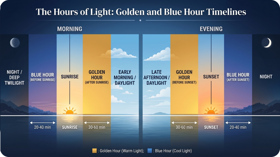 Morning and evening golden hour and blue hour periods around  sunrise and sunset