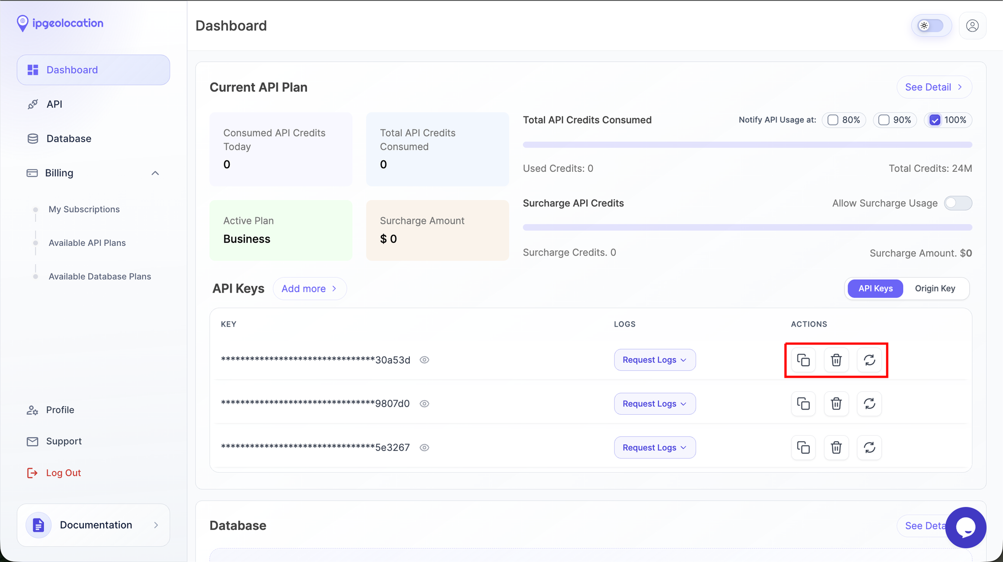 IPGeolocation.io dashboard API Keys section with rotate and delete options