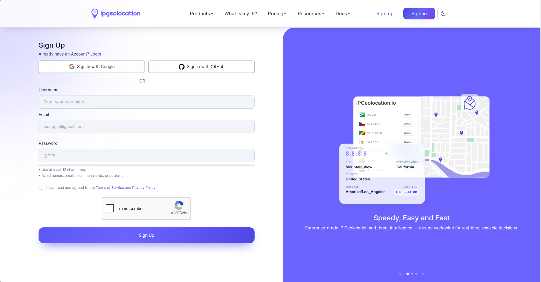 IPGeolocation.io signup form with full name, email, password, and privacy policy fields. Sign in with Google and Sign in with GitHub options