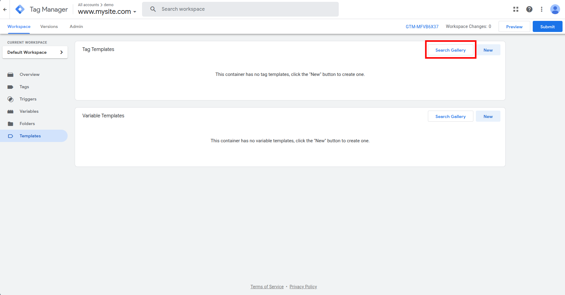 Google Tag Manager Templates workspace page displaying the Tag Templates section with the Search Gallery button for browsing community tag templates.