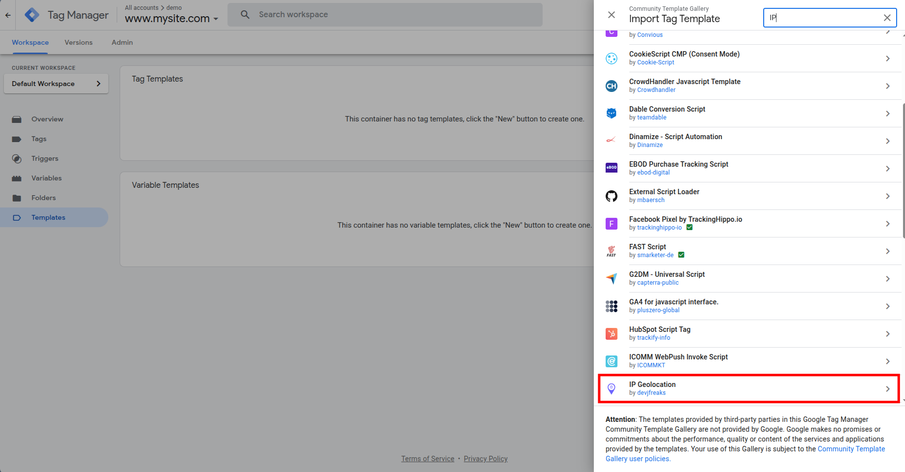 Community Template Gallery in Google Tag Manager showing search results for the IP Geolocation tag template by devjfreaks.