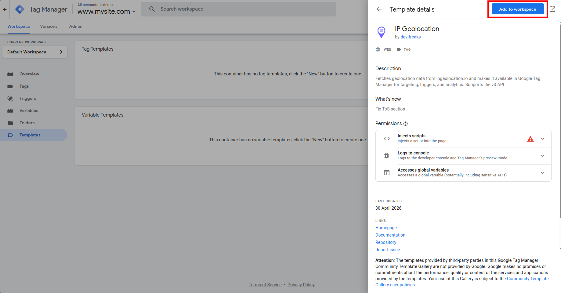 Google Tag Manager Template Details panel for the IP Geolocation tag template with option to add the template to the current workspace.