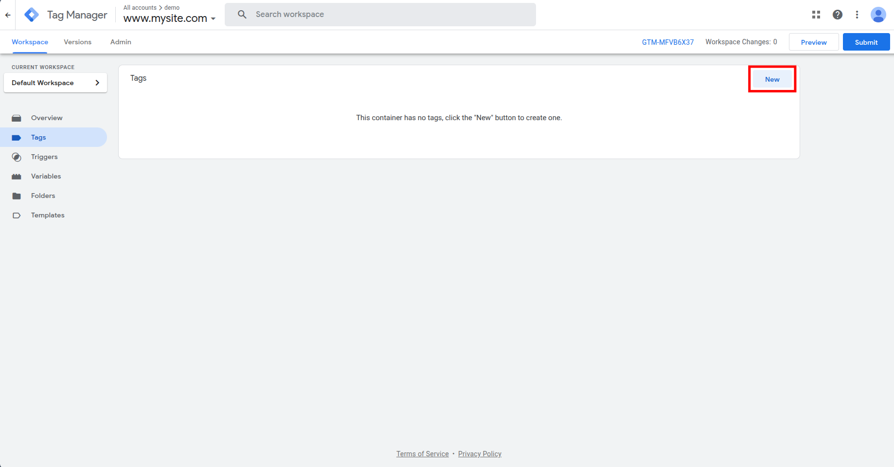 Google Tag Manager Tags workspace interface showing the New button used to create a new tag configuration.