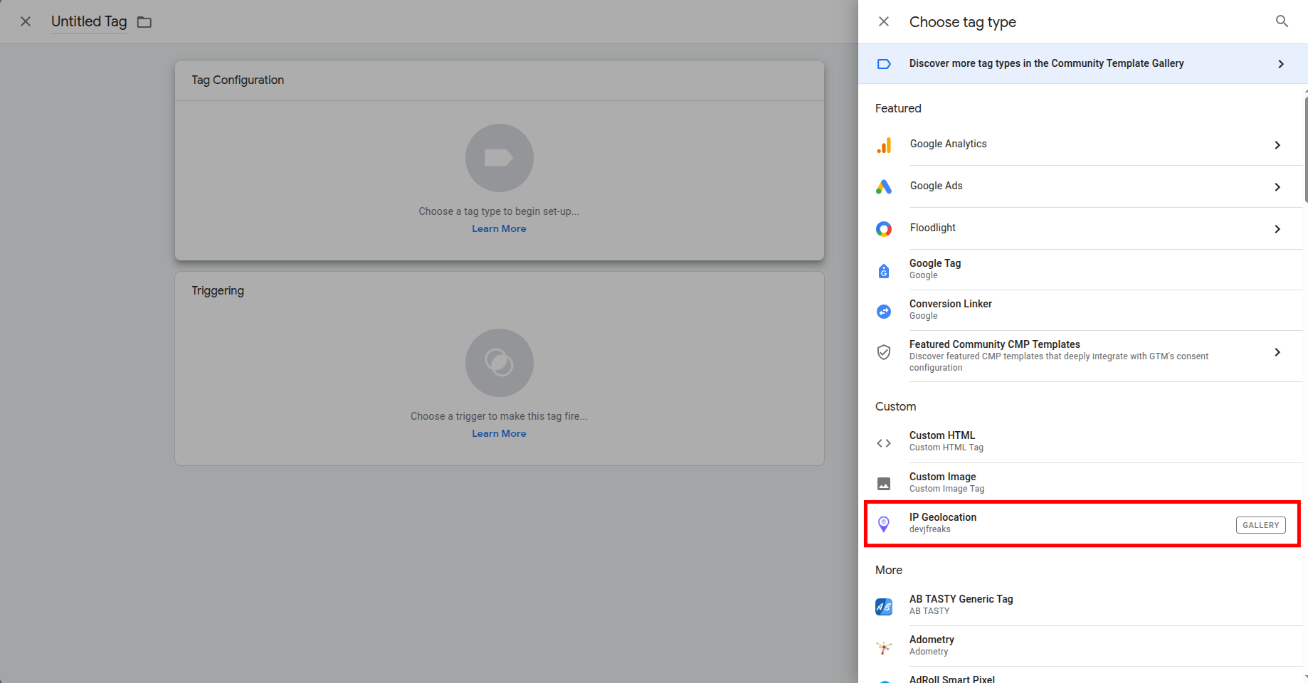 Google Tag Manager tag type selection screen displaying the IP Geolocation custom tag template in the Community Template Gallery.