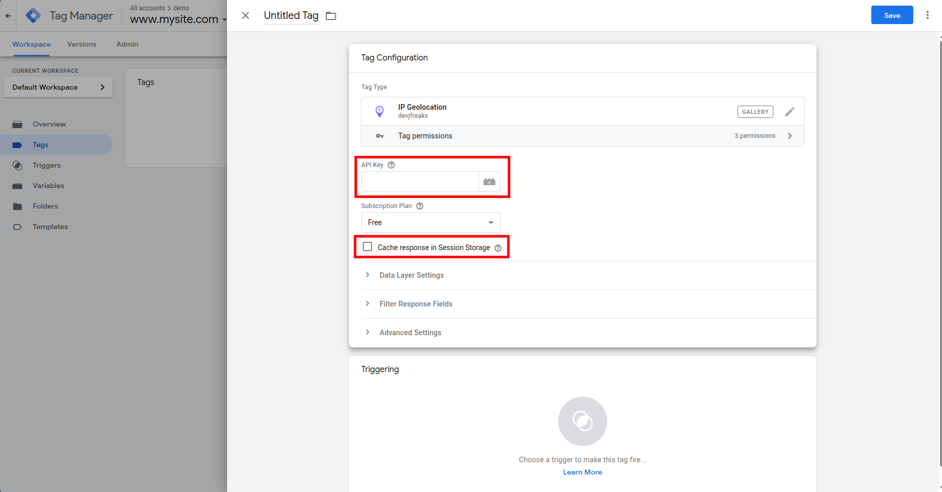 Google Tag Manager IP Geolocation tag configuration screen showing API Key input field and session storage cache option.