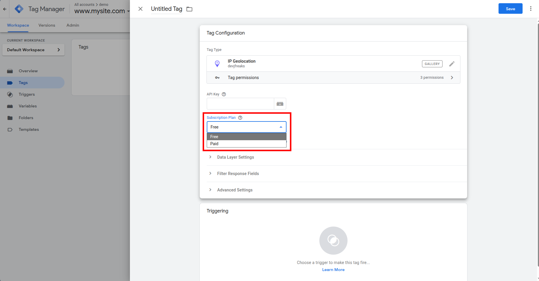 Google Tag Manager IP Geolocation tag configuration with Subscription Plan dropdown menu displaying Free and Paid plan options.