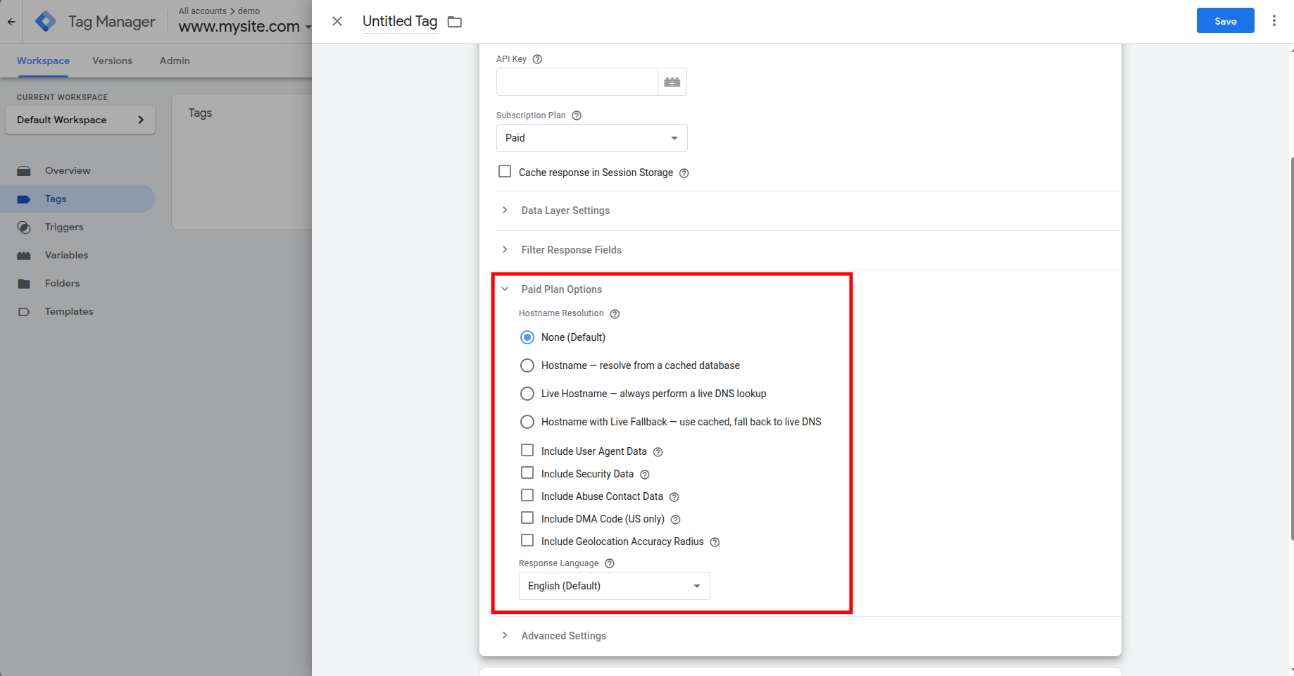 Google Tag Manager IP Geolocation tag settings page showing Paid Plan Options including hostname resolution, security data, user agent data, and geolocation accuracy settings.