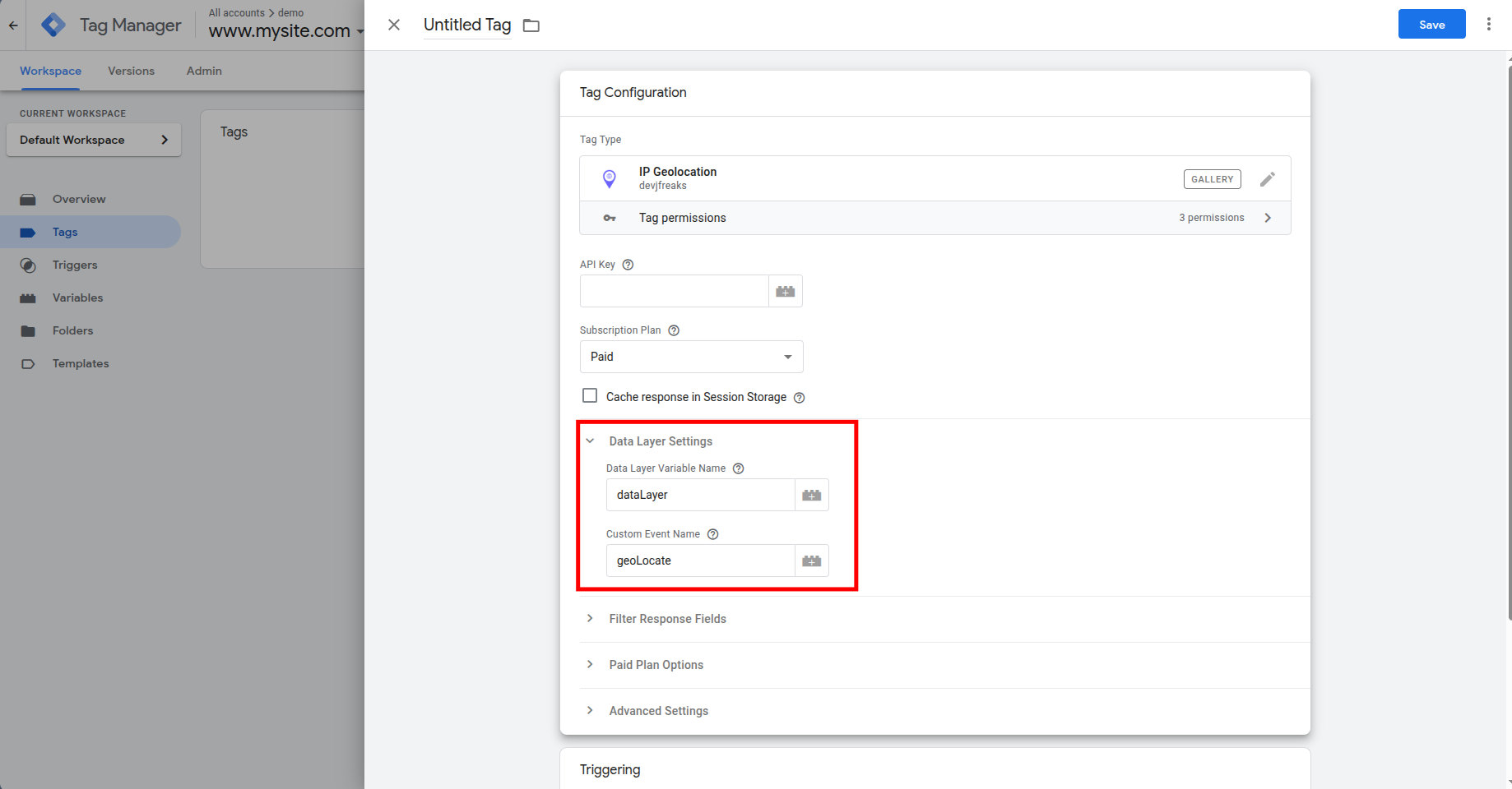 Google Tag Manager IP Geolocation tag configuration with Data Layer Settings enabled using the dataLayer variable and custom event name geoLocate.