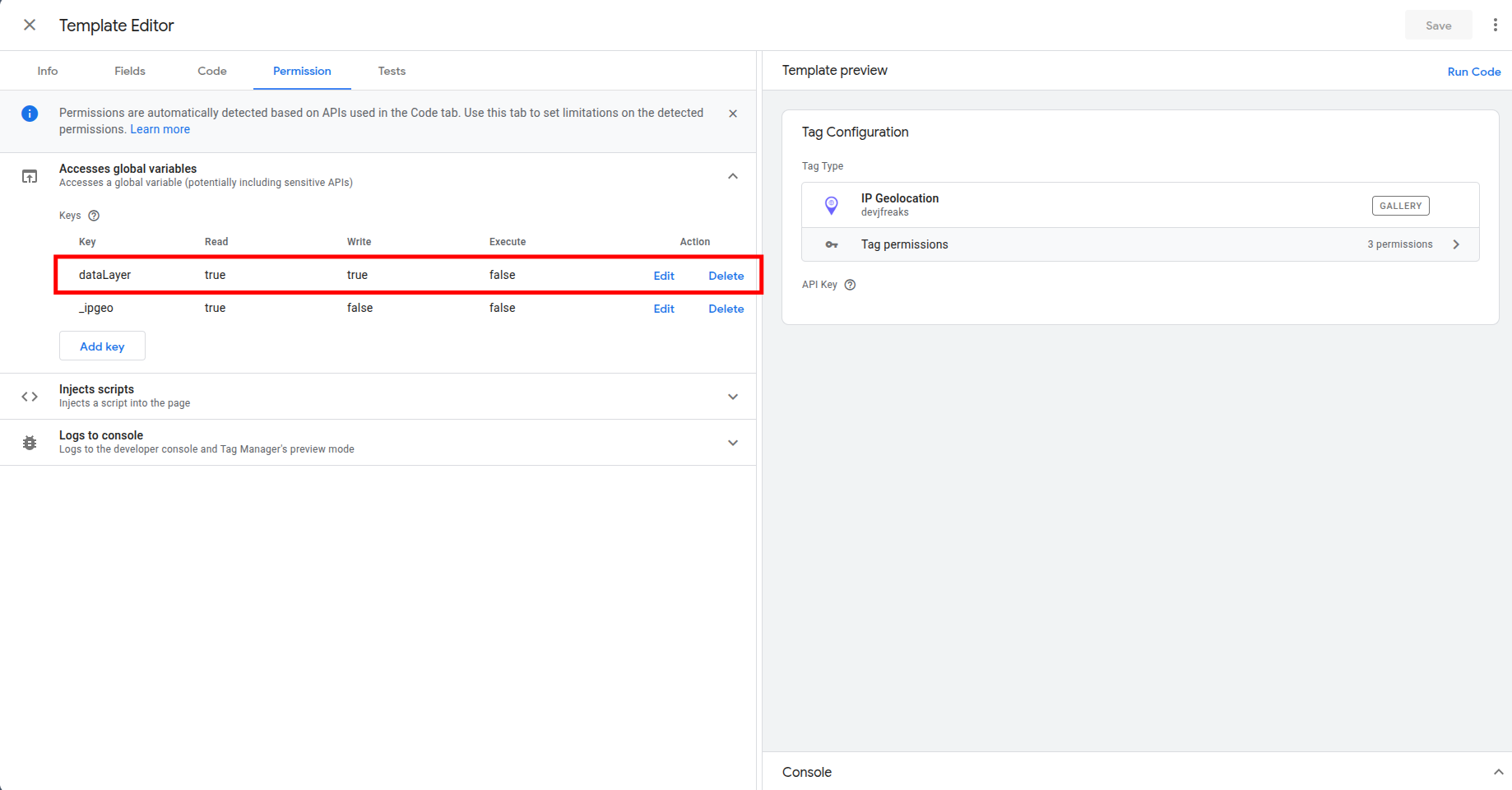 Google Tag Manager Template Editor Permissions tab showing global variable access permissions for the dataLayer object.
