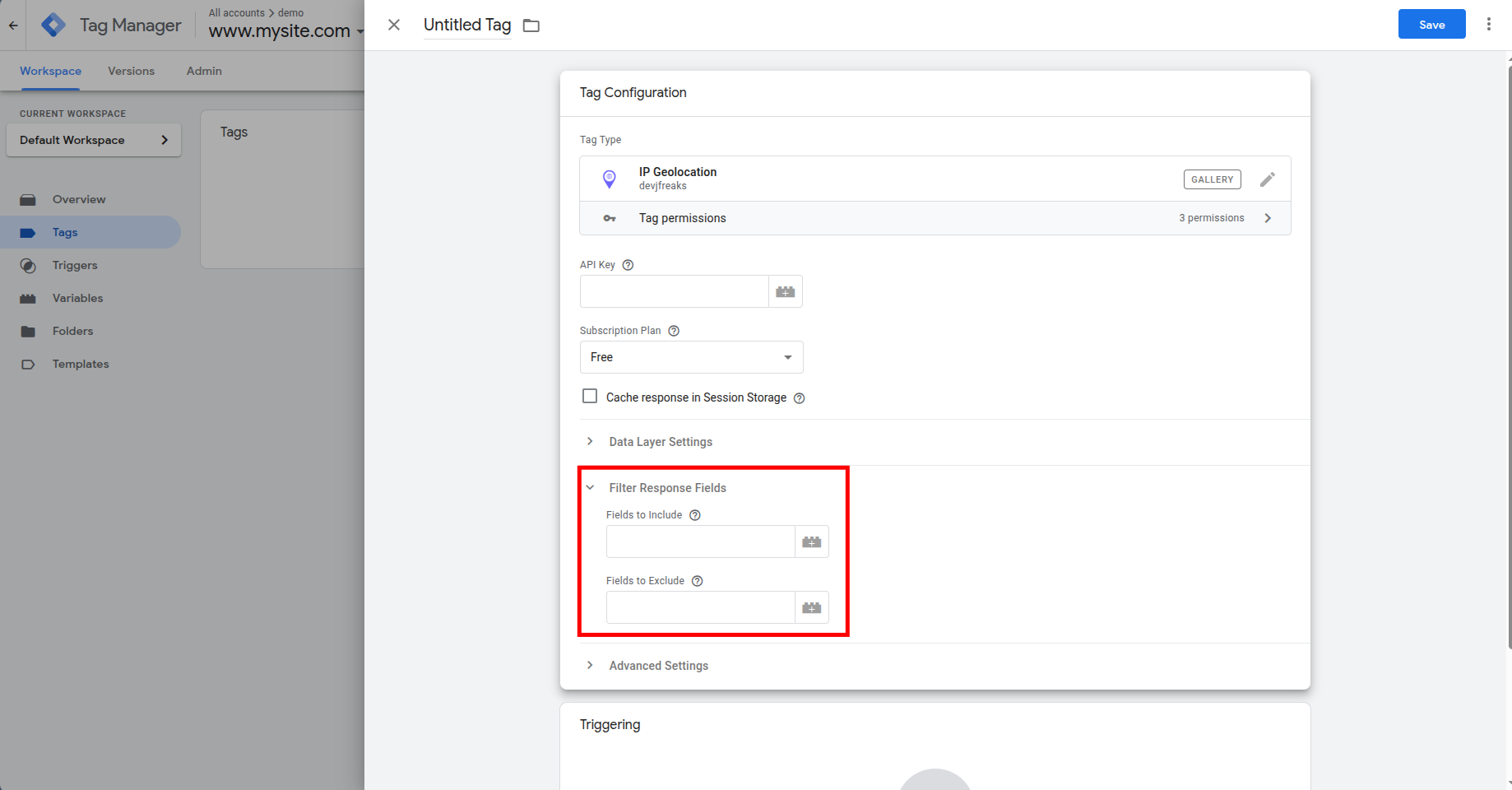 Google Tag Manager IP Geolocation tag configuration with Filter Response Fields settings for including or excluding API response fields.