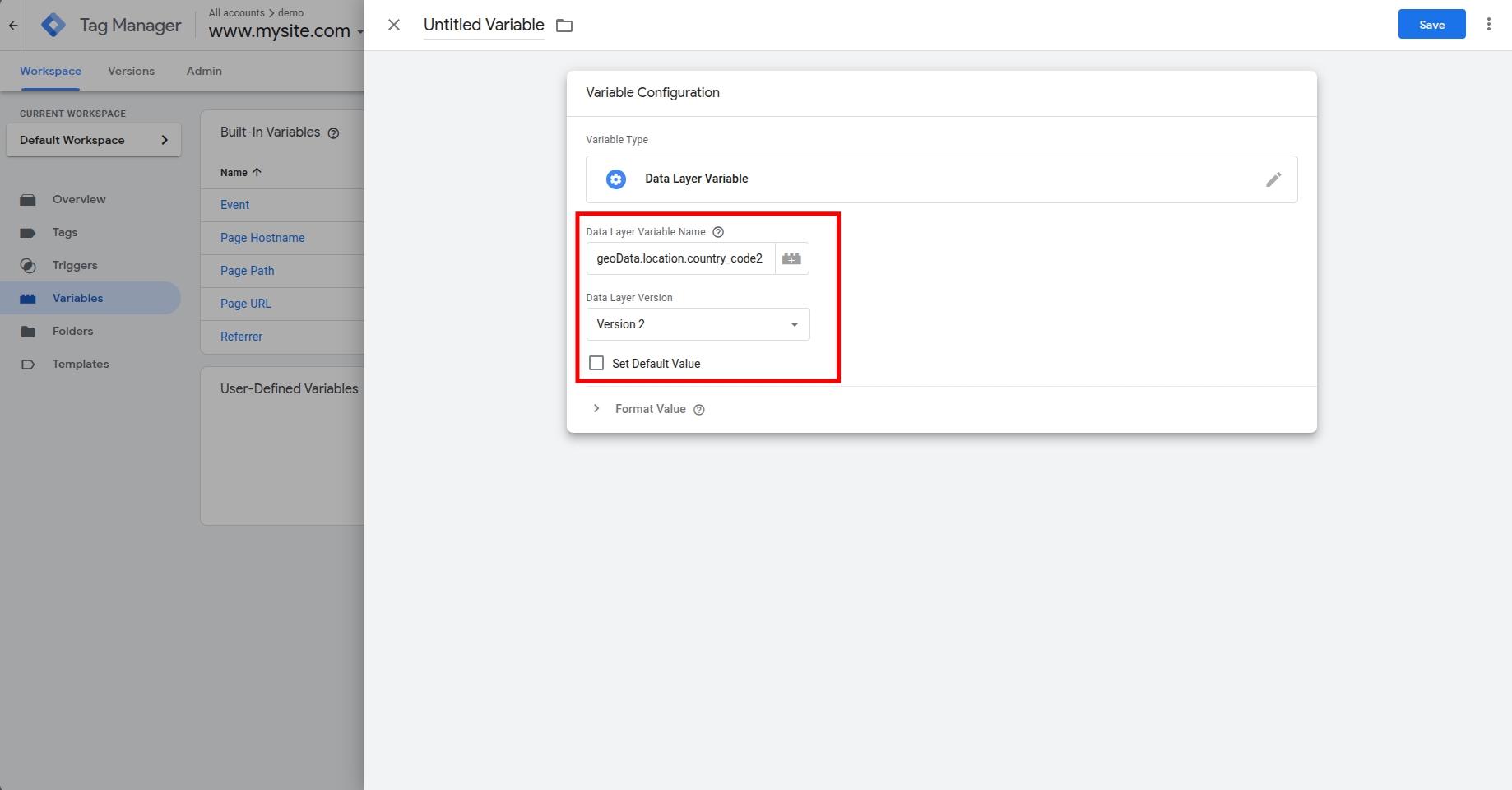 Google Tag Manager Variables configuration page showing a Data Layer Variable named geoData.location.country_code2.